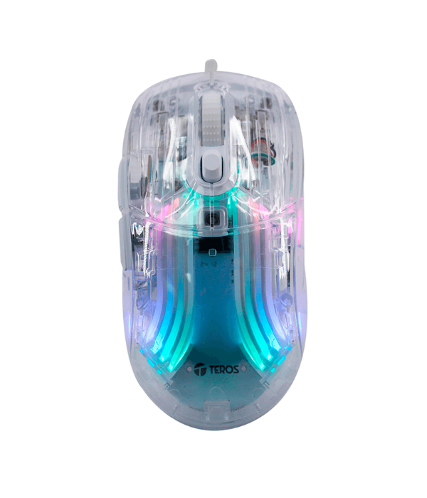 MOUSE GAMER TEROS TE-1216G: 2 BOTONES, RGB, TRANSPARENTE
