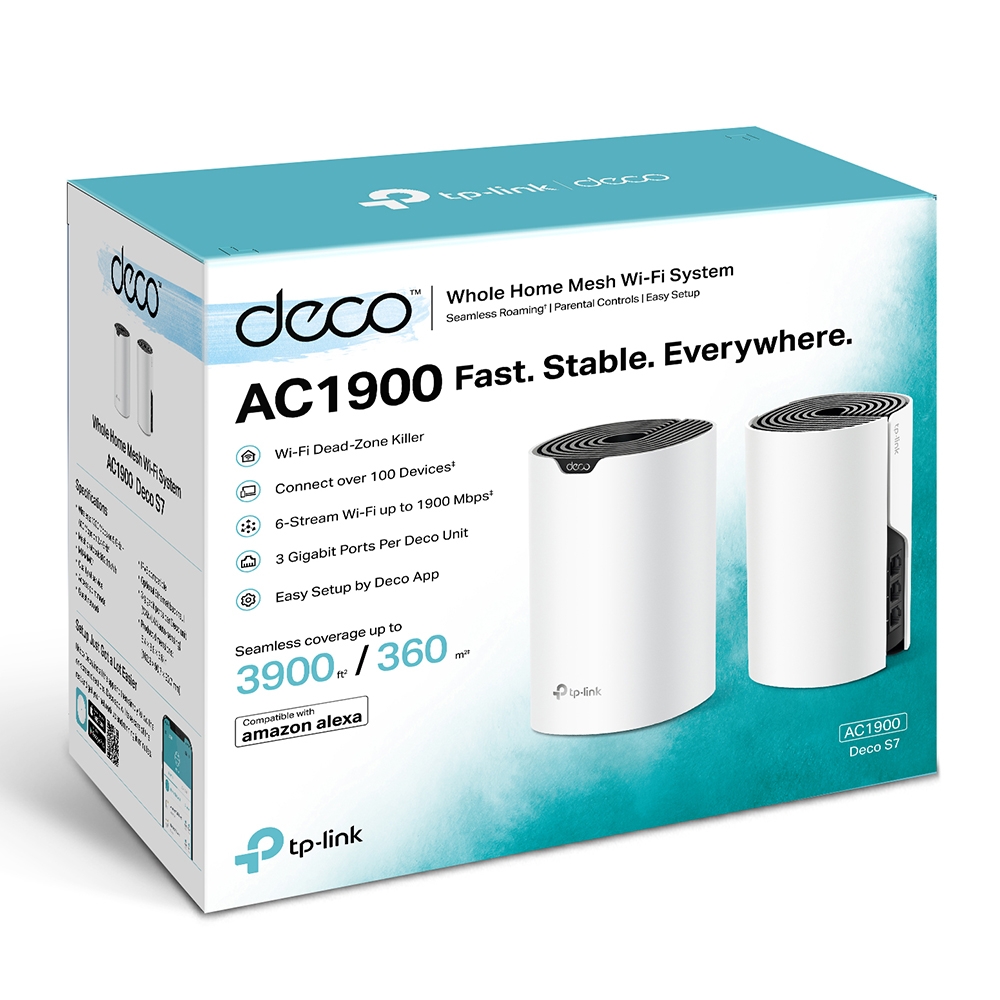 ROUTER TP-LINK DECO S7(2-PACK) MESH: AC1900, DUAL BAND, 2 UNIDADES, COBERTURA 370M2