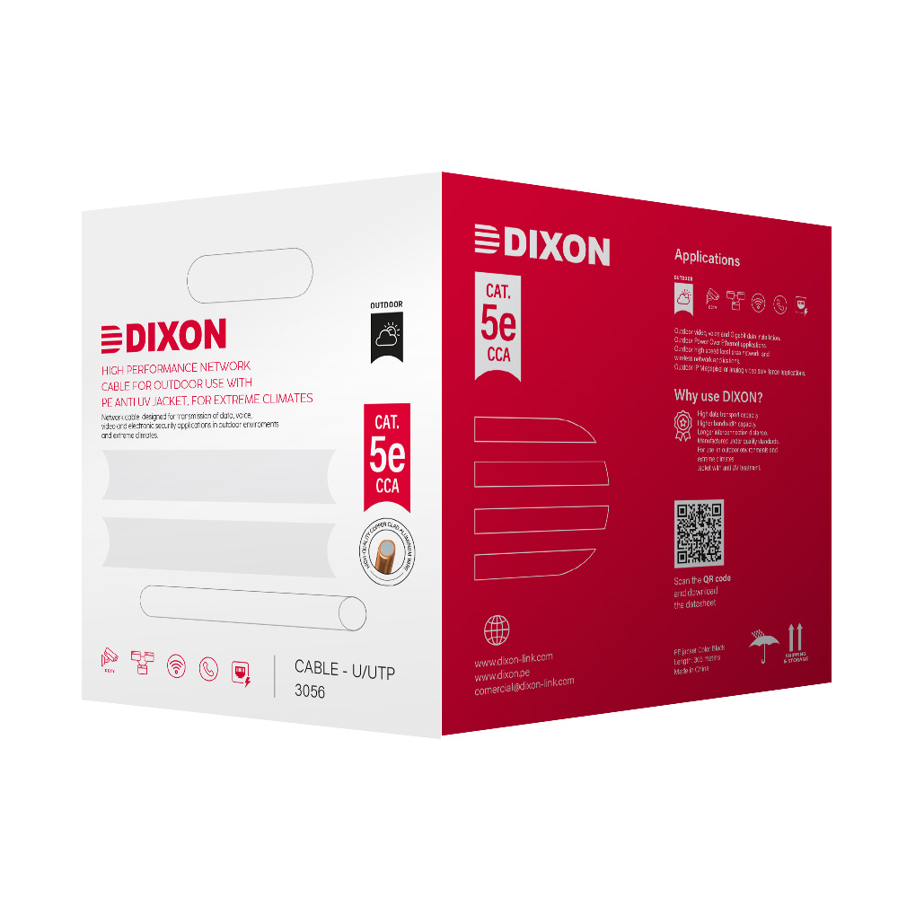 CABLE UTP DIXON 3056: DIXON UTP CCA CAT.5E 4PX24AWG NEGRO EXTERIORES UV305M
