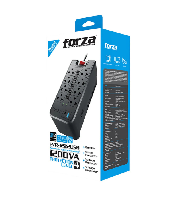 ESTABILIZADOR FORZA FVR-1222USB: 8 TOMAS 1200VA/600 W C/2USB -220V