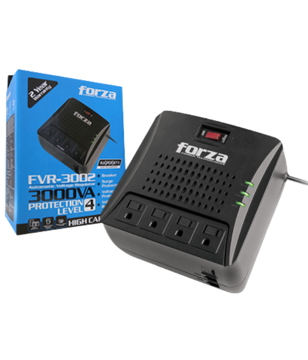 ESTABILIZADOR FORZA FVR-3002: 3000VA 1500W 4 TOMAS PROTECCIÓN DE SOBRECARGA,