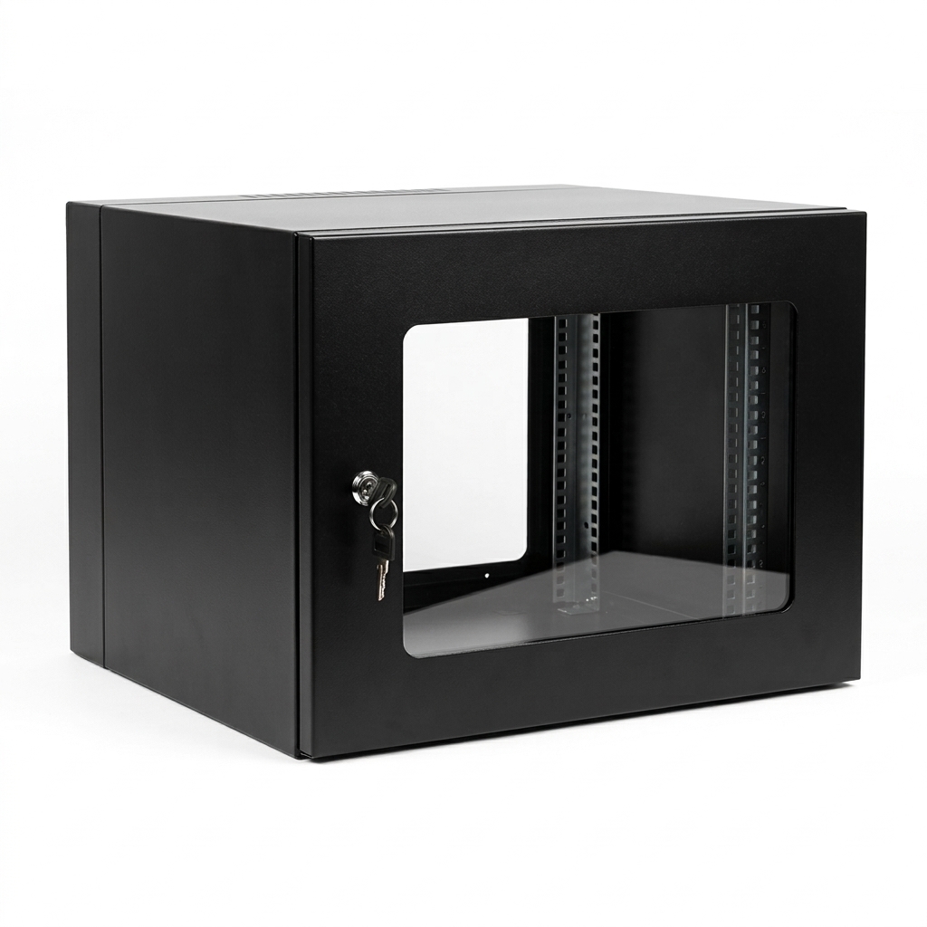 Gabinete de Pared HJE Mini 4RU Abatible 24.5x40x35cm Vidrio Negro