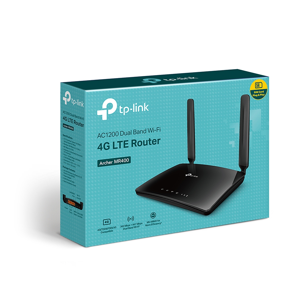 ROUTER TP-LINK ARCHER MR400: 4G LTE, WIFI AC1200 DUAL BAND, 4 ANTENAS, 300 MBPS