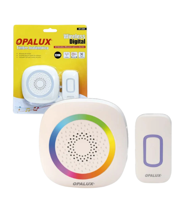 TIMBRE INALAMBRICO OPALUX OP-3895: CON LUZ RGB (120V-PILA) 60